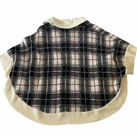 Talbots Cowlneck Cape Poncho Size Small Lambswool‎ Plaid Knitted Black Cream - Picture 4 of 10